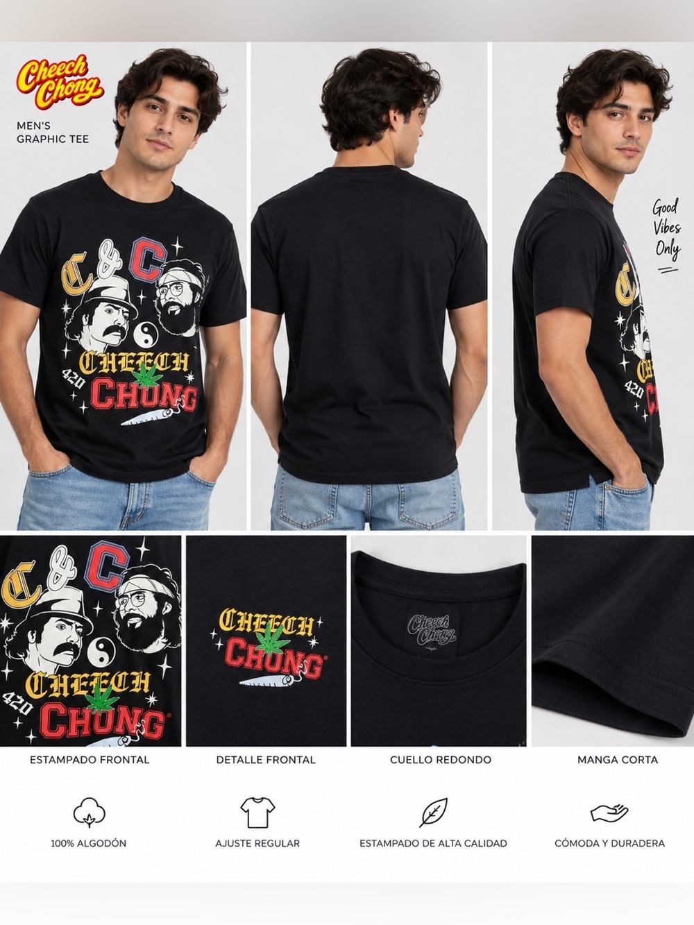 Cheech & Chong Men’s Graphic T-Shirt Size S Black 420 Weed Tee NWT